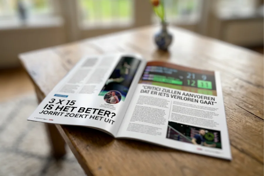 Foto van artikel over 3x15 puntentelling in het BadmintonInside Magazine.