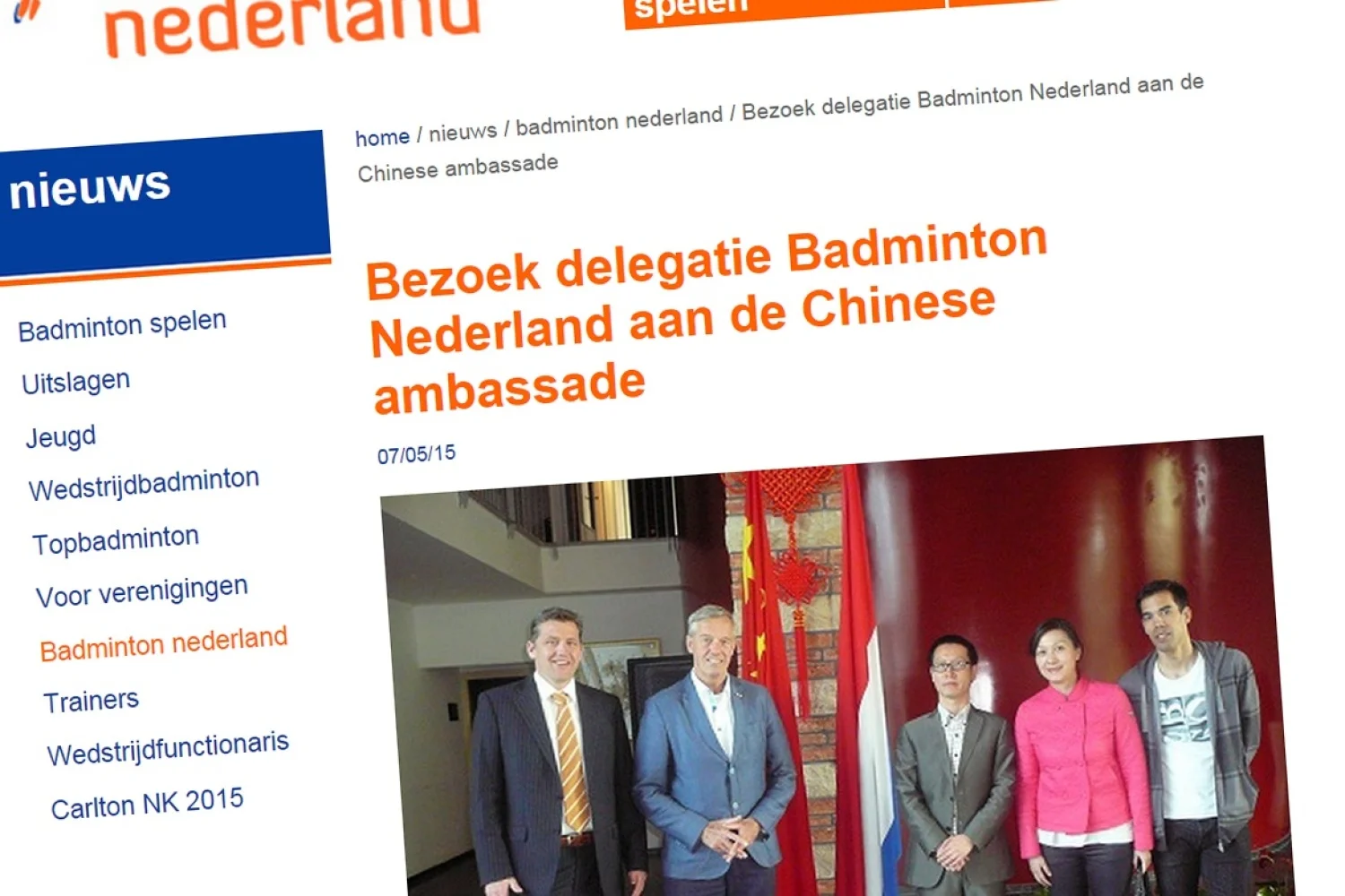 Bezoek delegatie Badminton Nederland aan de Chinese ambassade