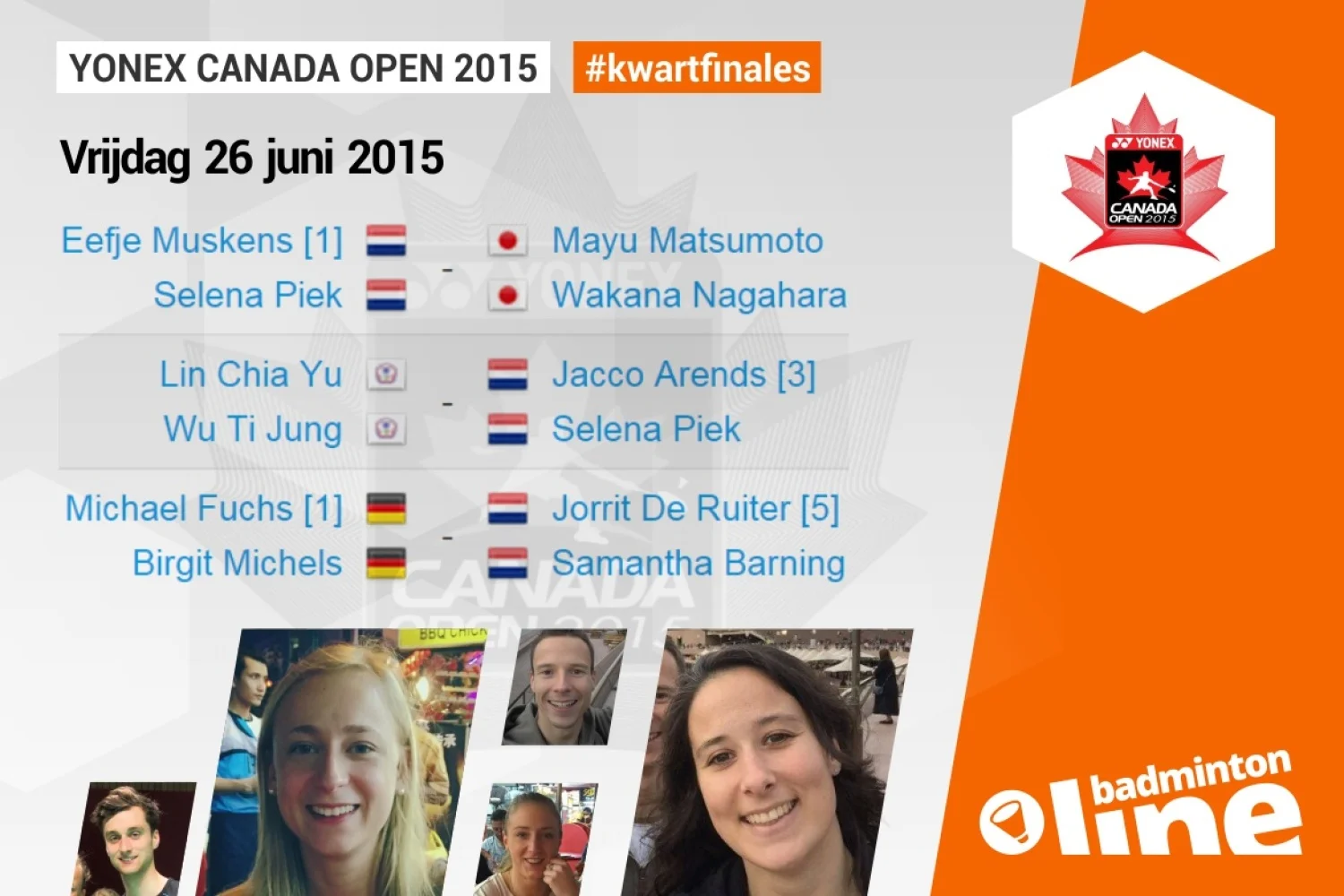 Drie kwartfinales voor Nederlanders bij Yonex Canada Open 2015