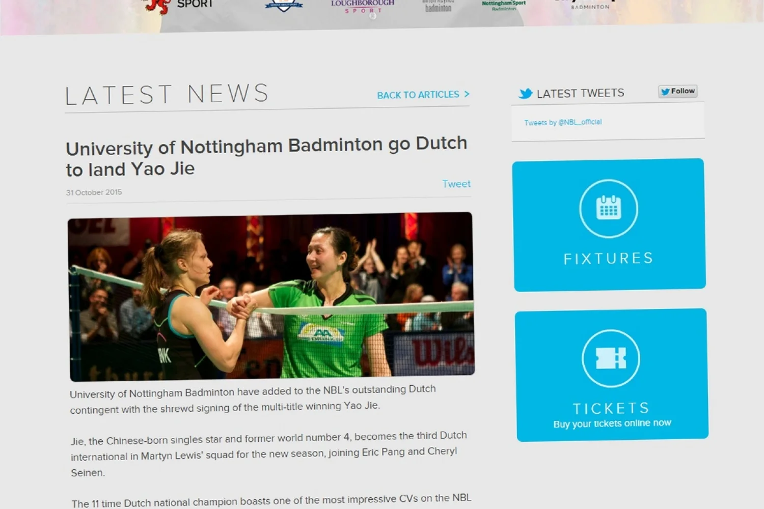 University of Nottingham Badminton go Dutch to land Yao Jie
