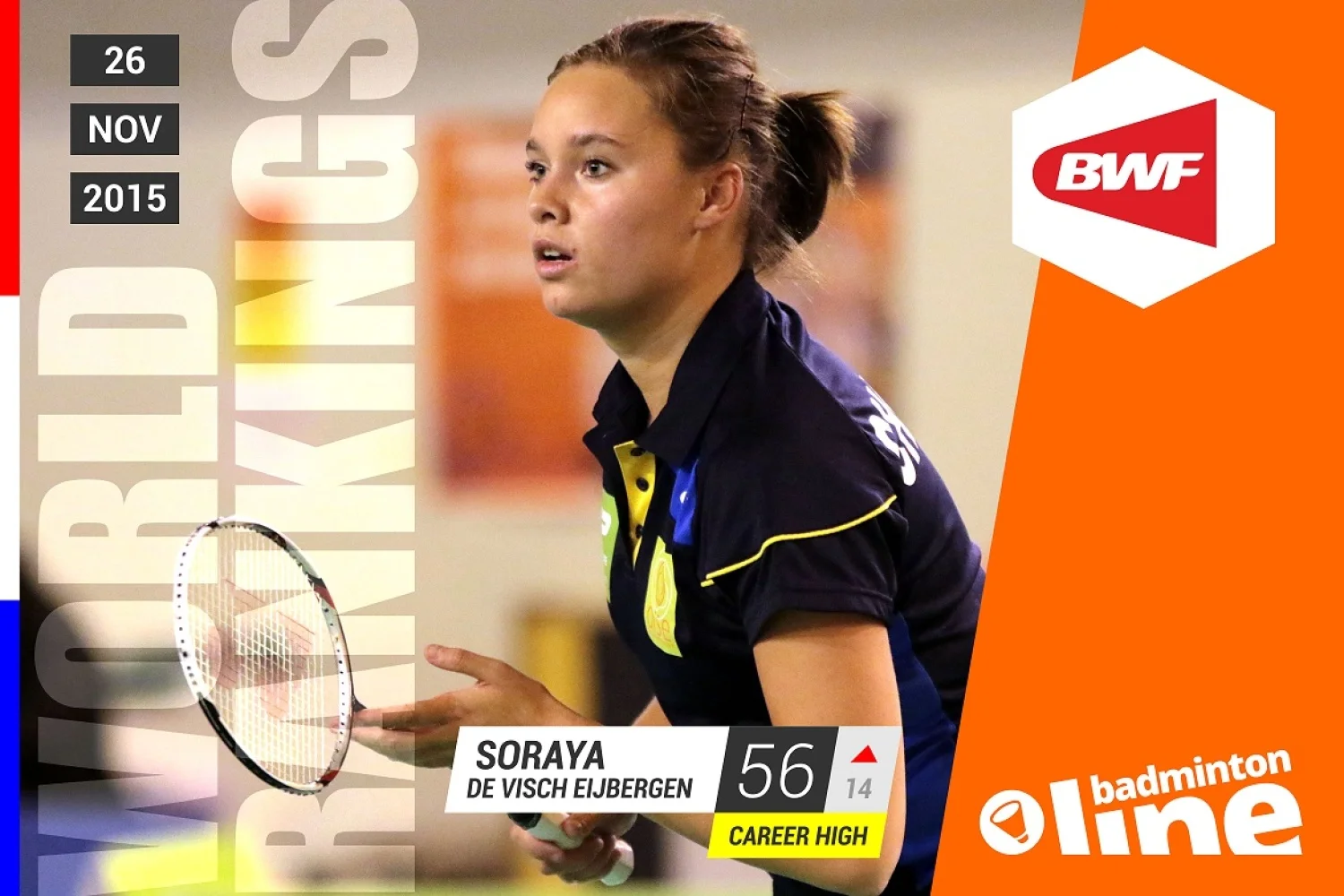 Wereldranglijst van donderdag 26 november 2015: De Visch Eijbergen stapt top 60 binnen