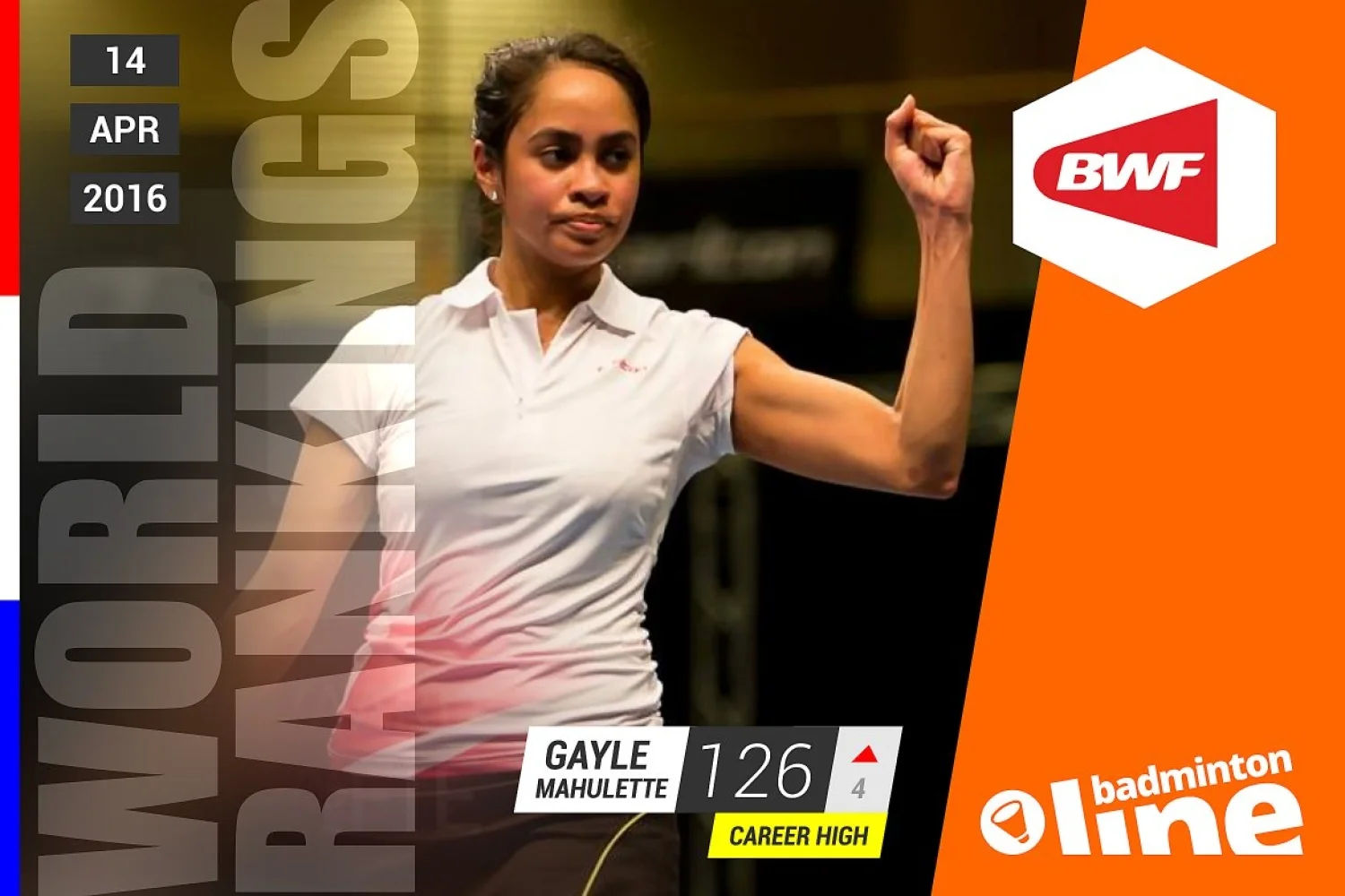 Wereldranglijst van donderdag 14 april 2016: Gayle Mahulette stijgt naar career high
