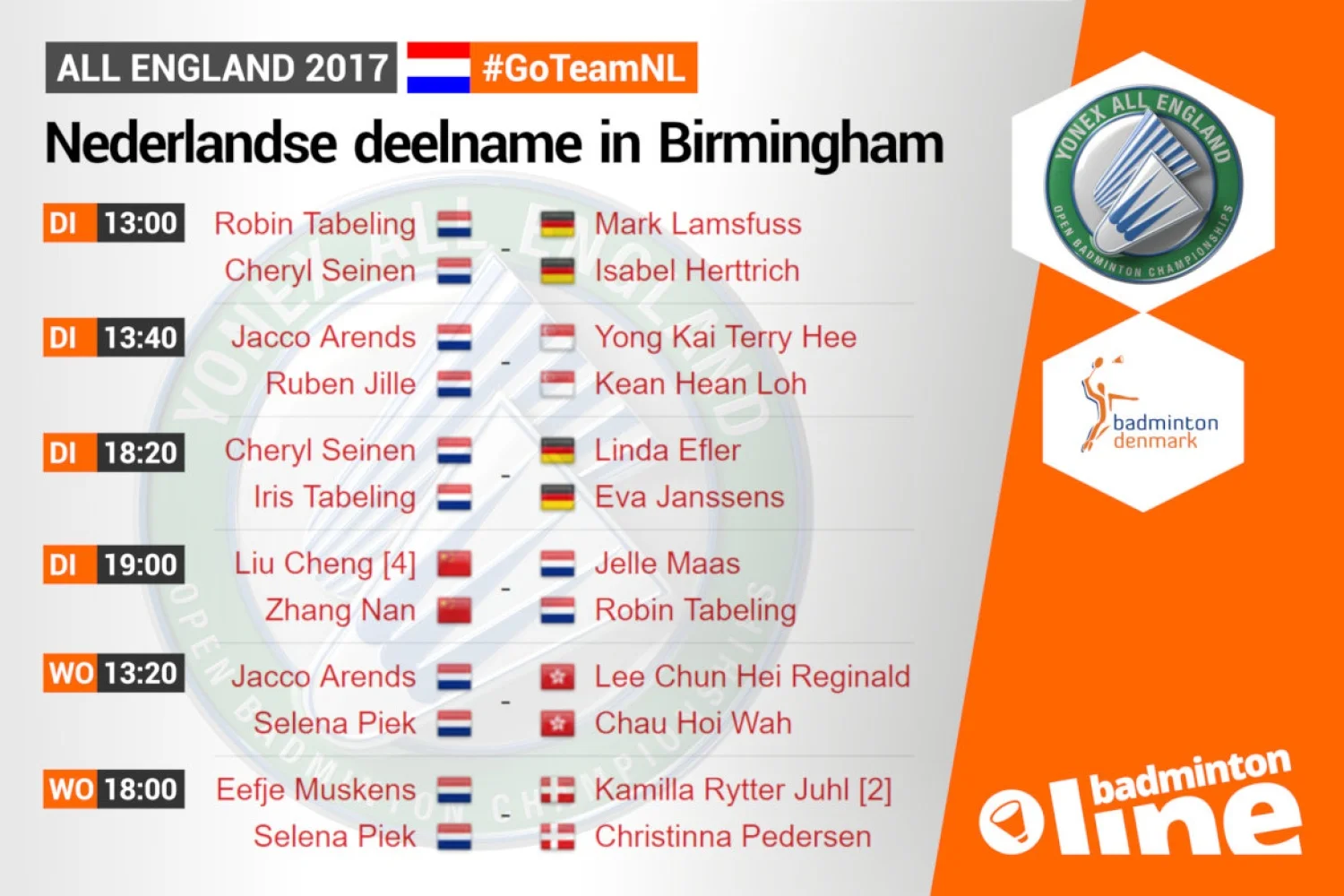 Olympische drietal Arends, Piek en Muskens terug in actie bij All England