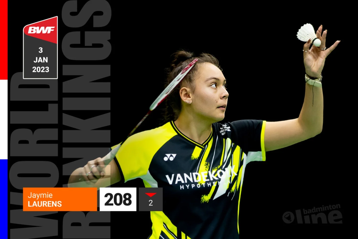Wereldranglijst Badminton op 3 januari 2023: Jaymie Laurens binnen jaar naar top 125?