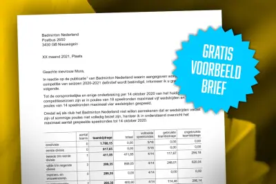 Voorbeeldbrief penningmeesters: terugvorderen teambijdrage badmintoncompetitie (gratis download)